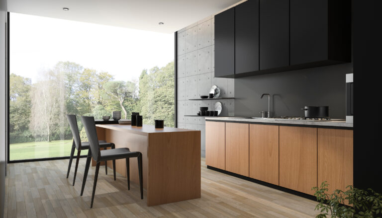 3d rendering modern black kitchen with wood built in