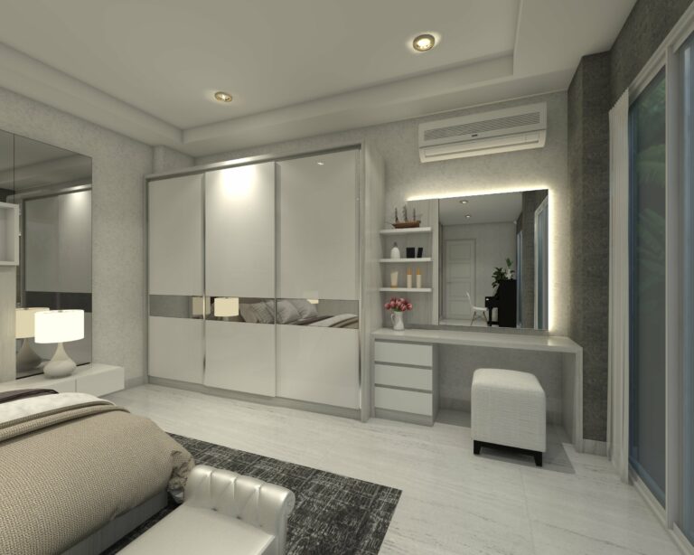 Interior bedroom using Minimalist wardrobe clothes and dressing table with mirror panel. 3d rendering, 3d illustration