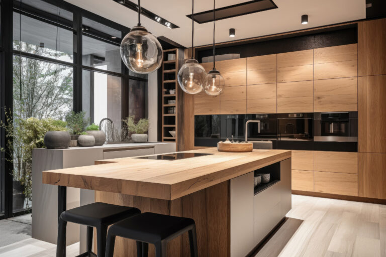 Kitchen island in modern luxurious kitchen interior. Created with Generative AI technology