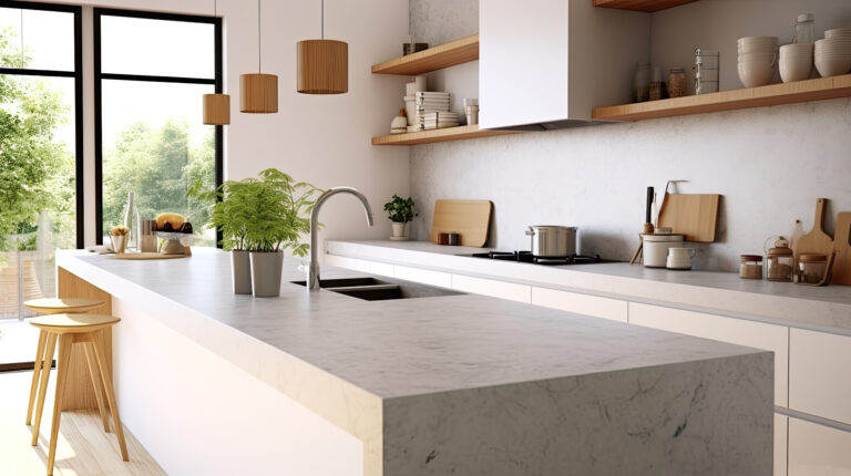 Interior of modern kitchen with white marble countertop and wooden