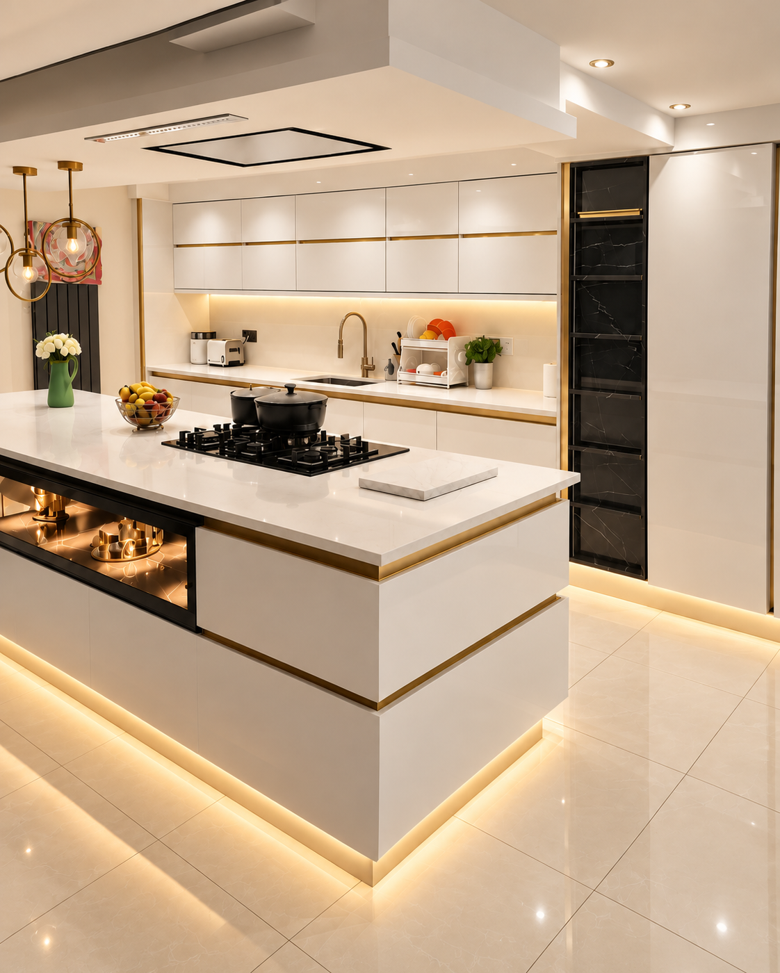 Modern white gloss fitted kitchen with gold handleless units, kitchen island and breakfast bar seating